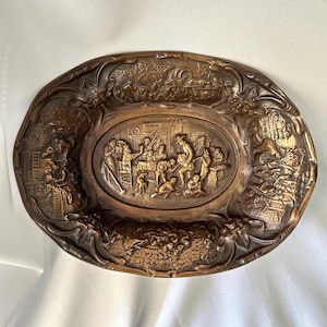Vintage Bronze serving Dish Oval with Flemish Village Scene | Heavy Quality Bronze Baroque Style | Decorative Bowl Germany 1950s