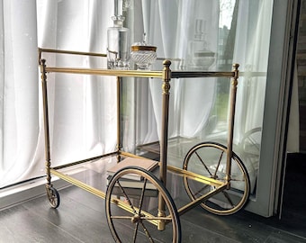 Carrello di servizio vintage in ottone e vetro | Carrello bar su ruote | Carrello bar vintage francese in ottone | Stile metà secolo | Oro Hollywood Regency