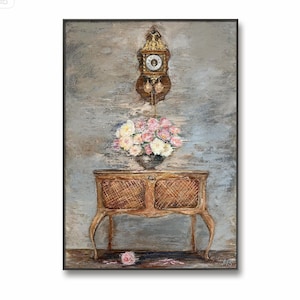 Pintura al óleo original sobre lienzo | Decoración floral para pared | Cómoda vintage, relojes de pared nostálgicos | Arte de inspiración vintage
