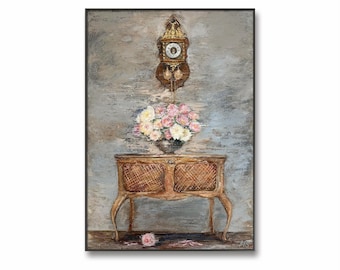 Ölmalerei auf Leinwand Original | Wandbild mit Blümen | Vintage Kommode nostalgische Wanduhren l Vintage inspirierte Kunst