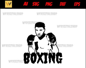 Op de afbeelding: Zwart-witte silhouet van een bokser met bokshandschoenen, het woord "BOXING" staat onder de bokser.