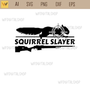 Op de afbeelding: Zwart-witte silhouet van een eekhoorn in een richtkruis met een geweer eronder. De tekst "SQUIRREL SLAYER" staat boven het geweer.