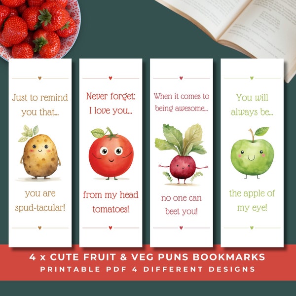 Cute Printable Bookmarks, Cute Food Puns Bookmarks, Bookmark For Kids, Fruit and Vegetable Bookmarks, Gifts For Readers, Gift For Bookworms