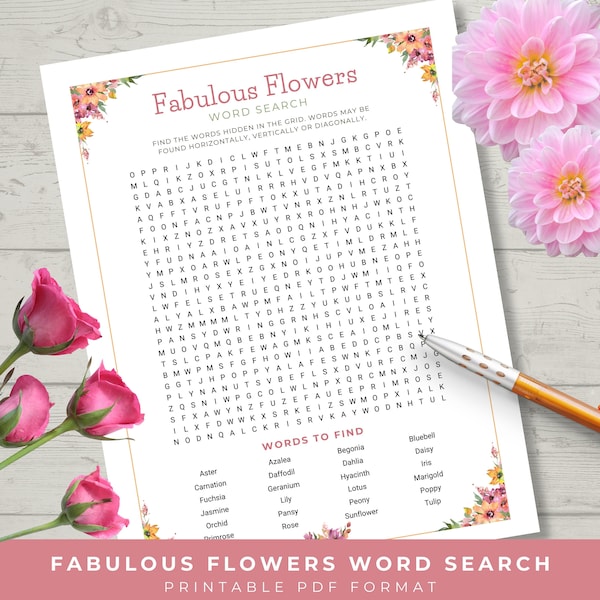 Flowers Word Search, Floral Printable Puzzle Game, Garden Party Games, Mother's Day Gift, Gifts for Gardeners, Afternoon Tea, Bridal Shower