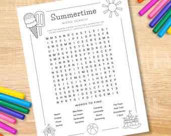 Summer Word Search for Kids, Printable Summertime Coloring Page, Summer Camp Activity, School Holiday Activities, Beaver Scouts, Brownies