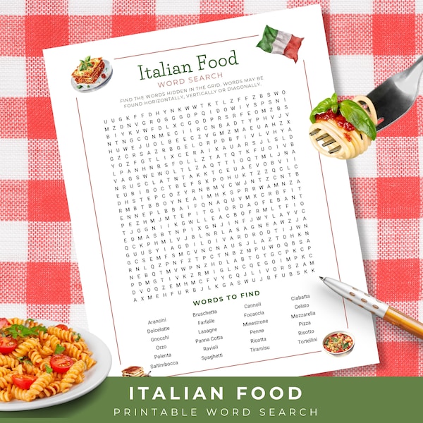 Italian Food Word Search, Pasta Printable Puzzle, Food Games for Adults, Dinner Party Game, Italy Vacation, Cookery Class Activity, Foodie