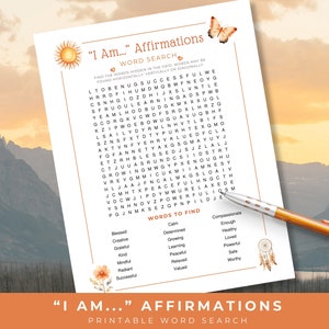 Affirmationen Wortsuche, psychische Gesundheit druckbar, Selbstfürsorge-Wortsuche, positive Affirmationsaktivität, Angstlinderung, Stressabbauspiel