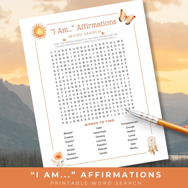 Affirmations Word Search, Self Care Printable Word Game, Affirmation Printables, Uplifting Games, Positivity Puzzle, Self-Love Inspiration