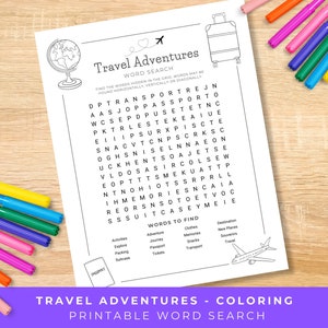 Travel Adventures Word Search For Kids, Printable Vacation Coloring Page for Children, Summer Holidays, Travel Games, Surprise Trip Activity