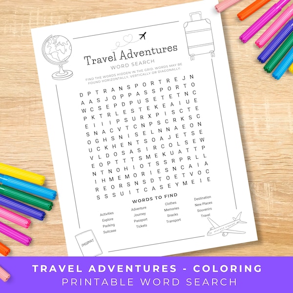 Travel Adventures Word Search For Kids, Printable Vacation Coloring Page for Children, Summer Holidays, Travel Games, Surprise Trip Activity