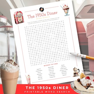 Búsqueda de palabras en el restaurante de los años 50, juego de rompecabezas imprimible retro, juegos de fiesta Sock Hop, actividad de fiesta de los años 50, regalo de cumpleaños número 60 o 70, juego de la era de los años 50