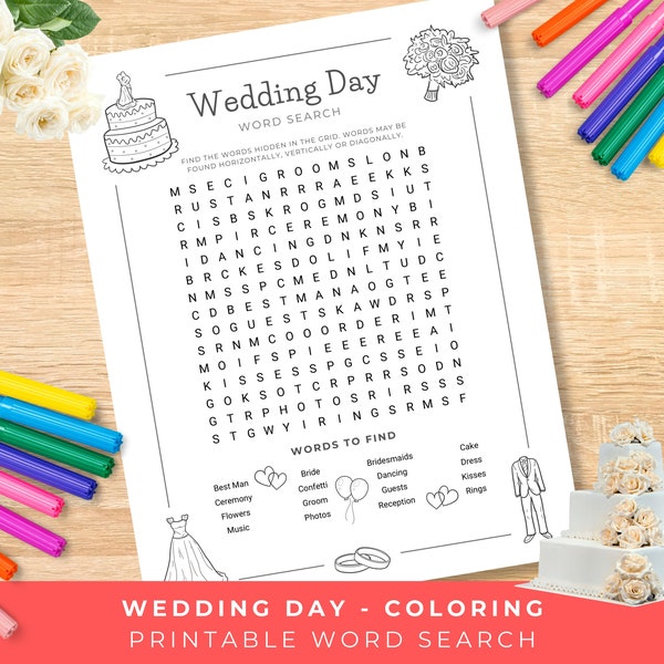 Wedding Word Search For Kids, Printable Coloring Page for Children, Wedding Reception Activity Sheet, Wedding Entertainment for Young Guests