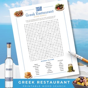 Ricerca di parole sul cibo greco, ricerca di parole stampabile, gioco del ristorante greco, giochi di cibo per adulti, ricerca nel mondo degli adulti, schede di gioco per cene