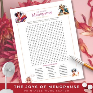 Búsqueda de palabras sobre menopausia, divertido juego de rompecabezas imprimible, síntomas de perimenopausia, regalo para mujeres menopáusicas, regalos para novias, salud de la mujer