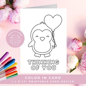 Thinking of You Malkarte, druckbare Get Well Bald Karte zum Ausmalen, Worte der Ermutigung, Freundschaftskarten, Pinguin Karte, DIY Karten