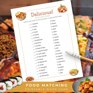Famous Dishes Around the World, Printable Dinner Party Game, Match the Food to the Country, Fun Puzzle Games for Adults, Foodie Word Games