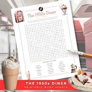 1950s Diner Word Search, Sock Hop Party Printable, Retro 50s Theme Puzzle Game for Adults and Teens