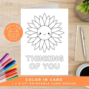 Carte à colorier Thinking of you, cartes d'encouragement à colorier, carte à colorier imprimable, carte à colorier Guérir bientôt, carte tournesol, cartes à faire soi-même