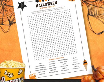 Halloween Movie Night Game, Horror Movie Party Activity, Spooky Season Printable, Halloween Word Search