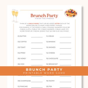 May include: A printable Brunch Party Finish the Phrase word game sheet featuring two champagne flutes, a plate of waffles with berries, and a list of twenty words with blank lines for answers, all set against a white background with gold borders.