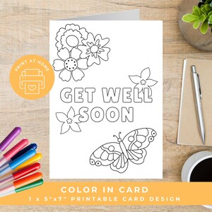 Get Well Soon Coloring Card, Feel Better Card to Color, Printable Card for Get Well, Color Your Own Card for Kids, Adult Coloring, DIY Cards