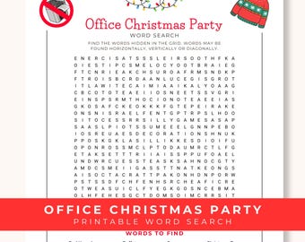 Puede incluir: Una hoja de juego de sopa de letras Office Christmas Party imprimible con un símbolo rojo de prohibido imprimir, una guirnalda de luces coloridas y un gráfico de un suéter rojo y verde. La cuadrícula contiene letras y una lista de palabras.
