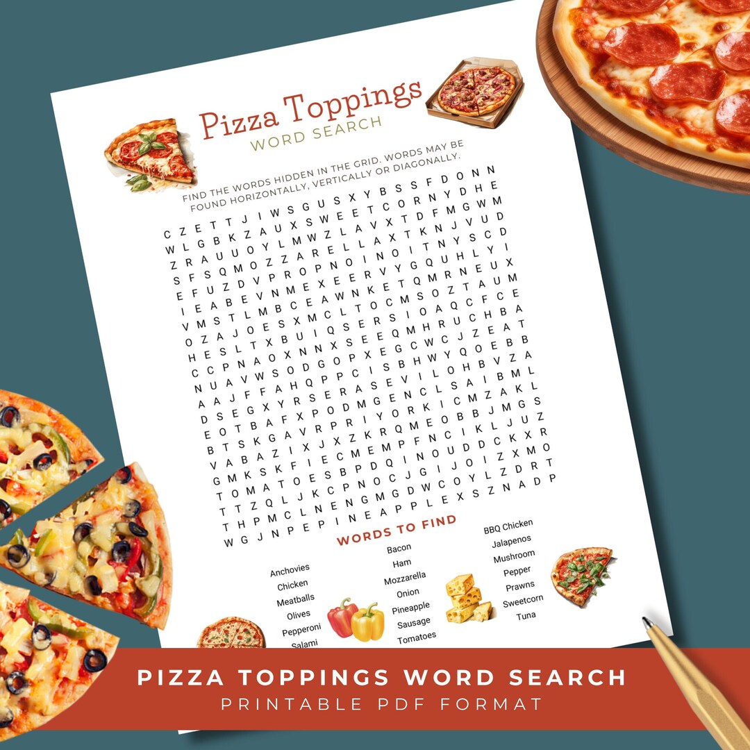 Pizza Party Game, Pizza Toppings Printable Word Search, Pizza Night ...