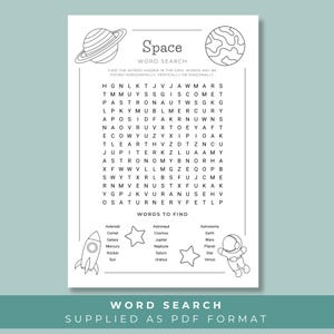 May include: Black and white printable space-themed word search puzzle. The puzzle includes a grid of letters, illustrations of planets, a rocket, and an astronaut. The words to find are listed below the grid. The text reads "Space Word Search" and "Supplied as PDF Format."