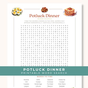 Könnte beinhalten: Ein Potluck Dinner Wortsuchrätsel auf weißem Papier gedruckt. Oben sind Illustrationen von gefüllten Eiern, Fleischbällchen und Lasagne zu sehen. Das Gitter enthält Buchstaben zur Wortsuche, mit einer Liste unten, die Brownies, Chili, Cupcakes, Lasagna, Buffet, Cookies, Deviled Eggs, Leftovers, Casserole, Cornbread, Fruit Salad, Macaroni, Cheese Dip, Crockpot, Green Beans und Meatballs umfasst.