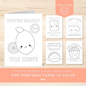 Printable Cute Food Pun Cards to Color for Birthdays, Get Well, Thank You, Thinking of You, Color Your Own Cards, Kawaii Coloring Notecards