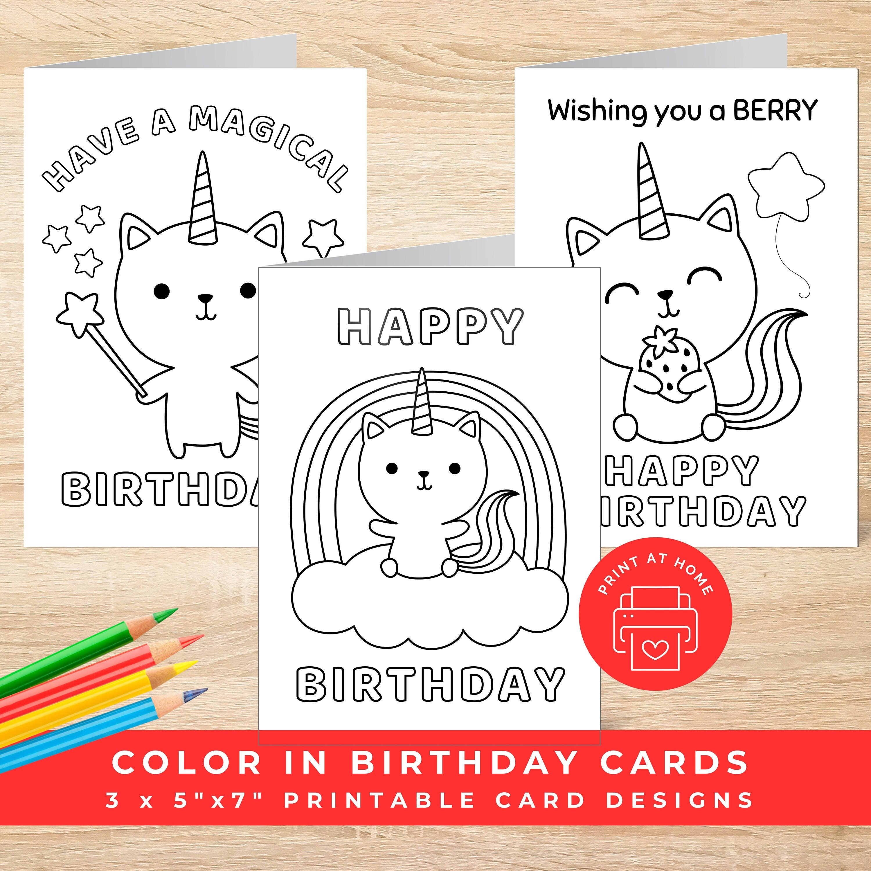 Coloring Birthday Cards for Kids, Printable Birthday Cards, Color Your ...
