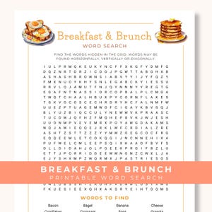 May include: A Breakfast & Brunch word search puzzle sheet featuring watercolour illustrations of toast with eggs and a stack of pancakes. The page includes a grid of letters, instructions, and a list of food-related words to find in the puzzle.