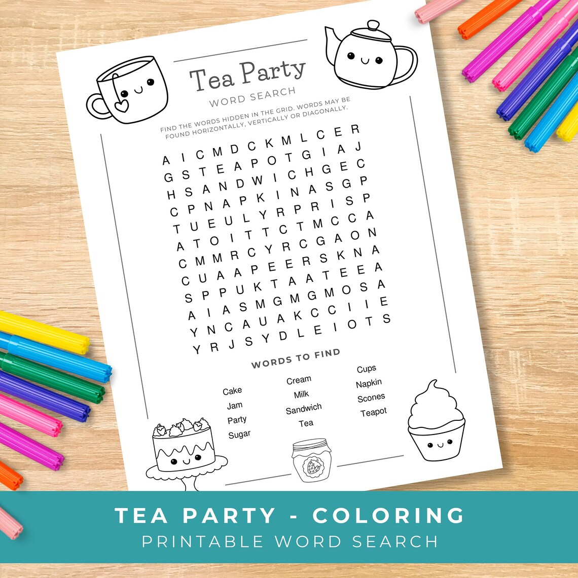 Tea Party Word Search for Kids, Printable Coloring Puzzle Children ...