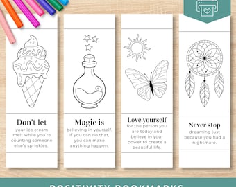 Positivity Coloring Bookmarks Printable, Motivational Bookmarks to Color, Mindfulness Coloring Page Set, Self-Care Printables for Adults