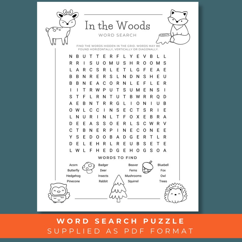 In the Woods Word Search for Kids, Woodland Animals Party Printable ...