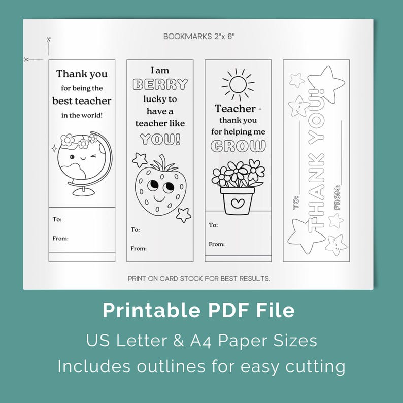 Teacher Appreciation Bookmarks to Color, Thank You Teacher DIY Gift ...