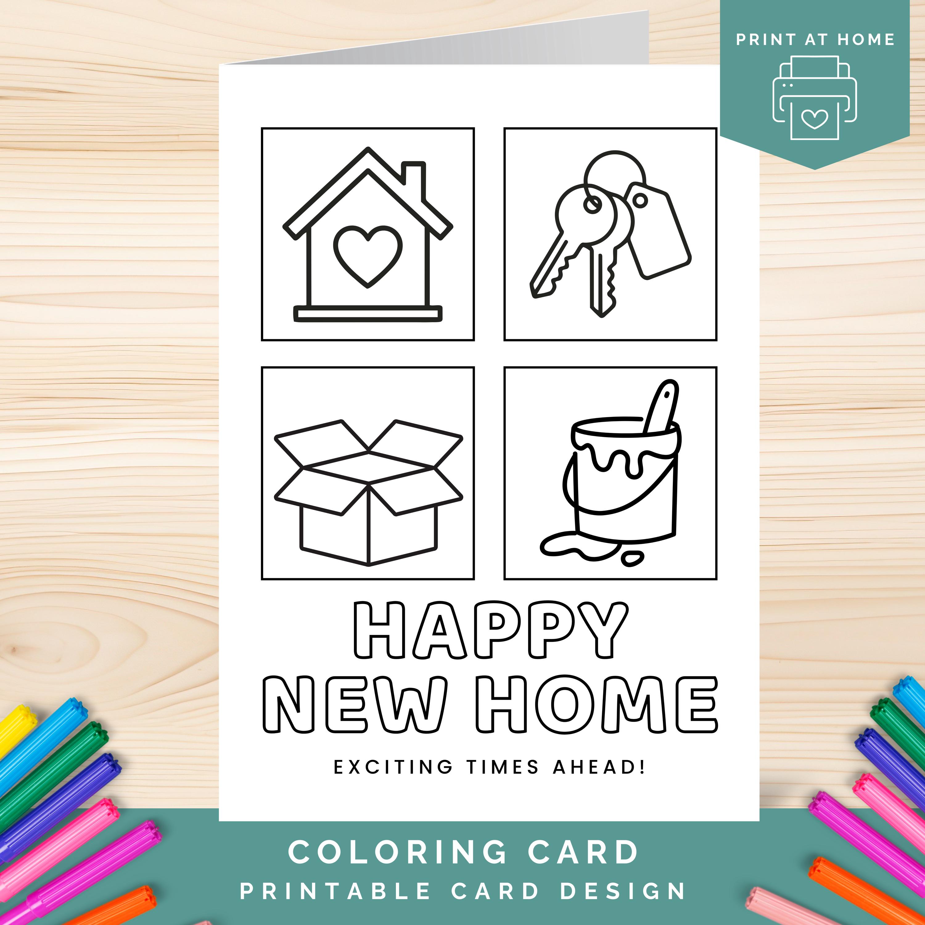 Printable New Home Card to Color, Housewarming Coloring Card, New House ...