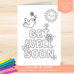 Printable Get Well Soon Card to Color, Digital Download 5x7 Folded Coloring Greeting Card, Cute Instant Download DIY Card to Print at Home