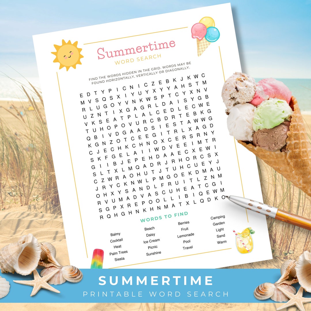 Summer Word Search, Summer Printable Puzzle, Word Games for Adults