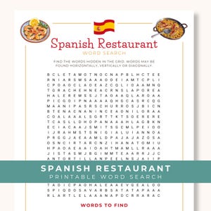 May include: A Spanish Restaurant word search puzzle sheet featuring a Spanish flag, a plate of shrimp, and a paella pan. The document includes instructions to find words horizontally, vertically, or diagonally within a grid of letters and a section for words to find.