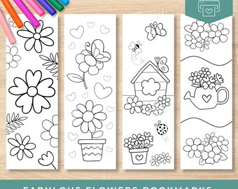 Flower Coloring Bookmarks Printable, Floral Bookmarks to Color, Spring DIY Bookmarks, Gift for Gardeners, Relaxing Self Care Activity