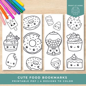 Printable Food Coloring Bookmarks, Cute Kawaii Bookmarks to Color, Fun Coloring Activity for Kids or Adults, Printable PDF Bookmark Set