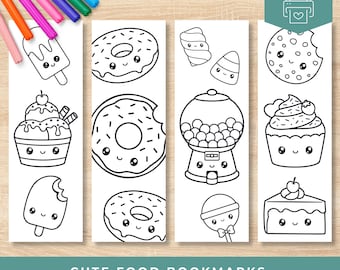 Segnalibri stampabili a tema cibo da colorare, simpatici segnalibri Kawaii da colorare, divertente attività di colorazione per bambini o adulti, set di segnalibri stampabili in PDF