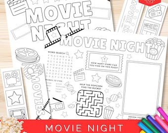 Movie Night Activities for Kids, Movie Party Games, Sleepover Activity Pack, Family Movie Night Printables, Movie Night Coloring Pages