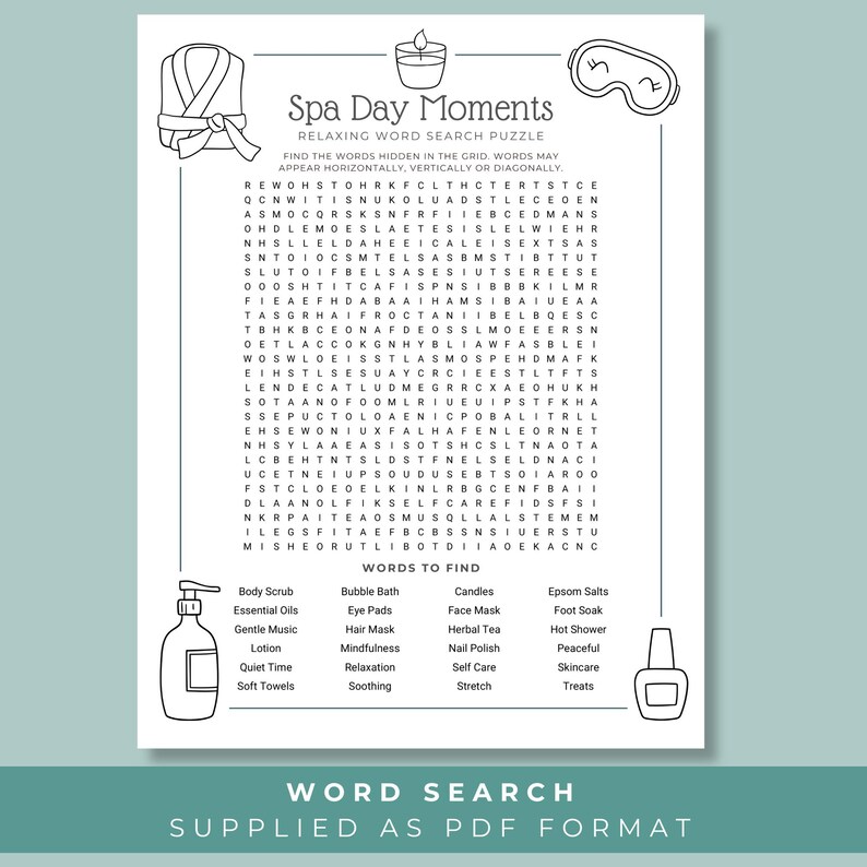 Spa Time Words Spa Word Search for Adults Printable, Relaxing Self Care Coloring ...