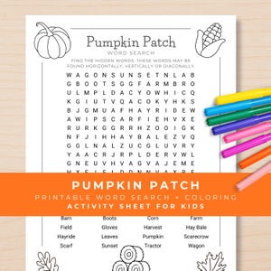 Pumpkin Patch Activity for Kids, Fall Word Search for Children, Autumn Printable Party Game, Halloween Classroom Activity, Coloring Page PDF