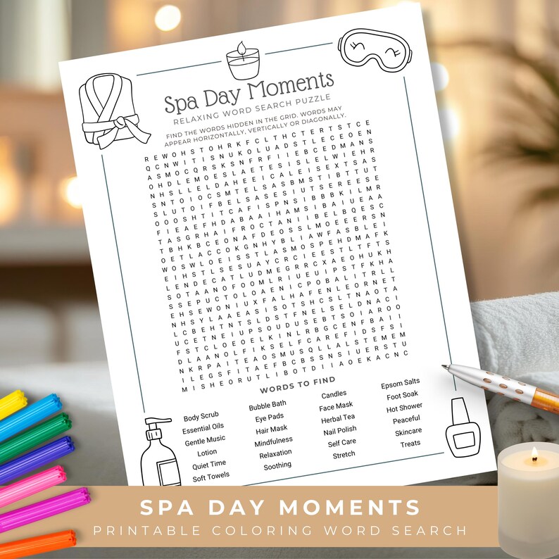 Spa Time Words Spa Word Search for Adults Printable, Relaxing Self Care Coloring ...