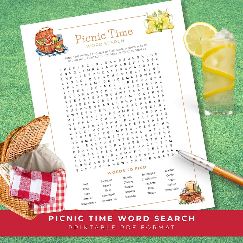 Picnic Word Search, Printable Word Search, Summer Word Games, Garden ...
