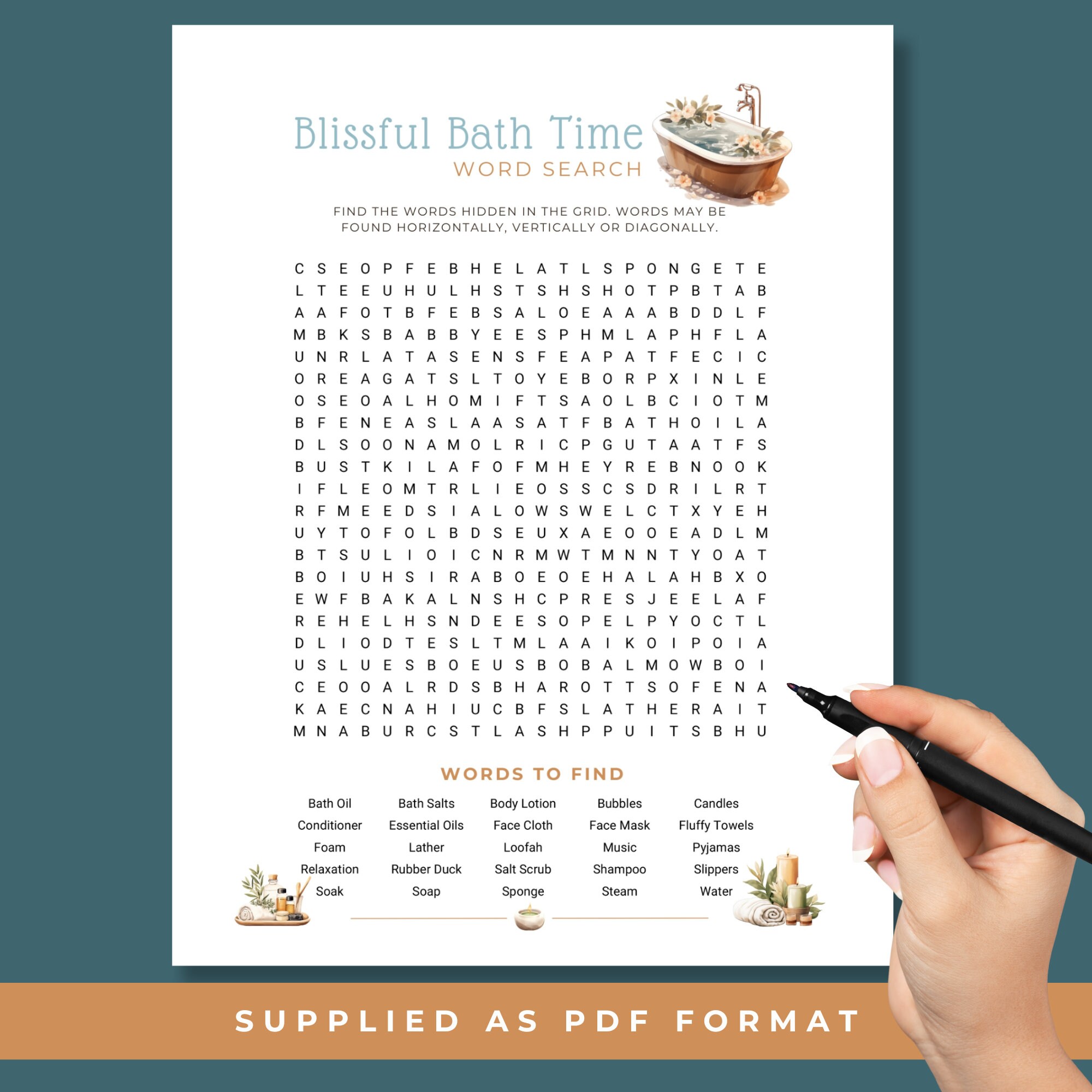 Bath Word Search, Printable Puzzle Game, Blissful Bath Time, Self-care Activity, Stress Relief ...