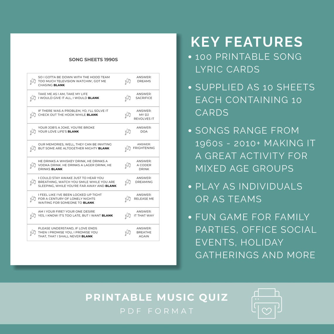 Music Lyrics Quiz, Music Party Game, Pop Songs Triva Game, Office Party ...